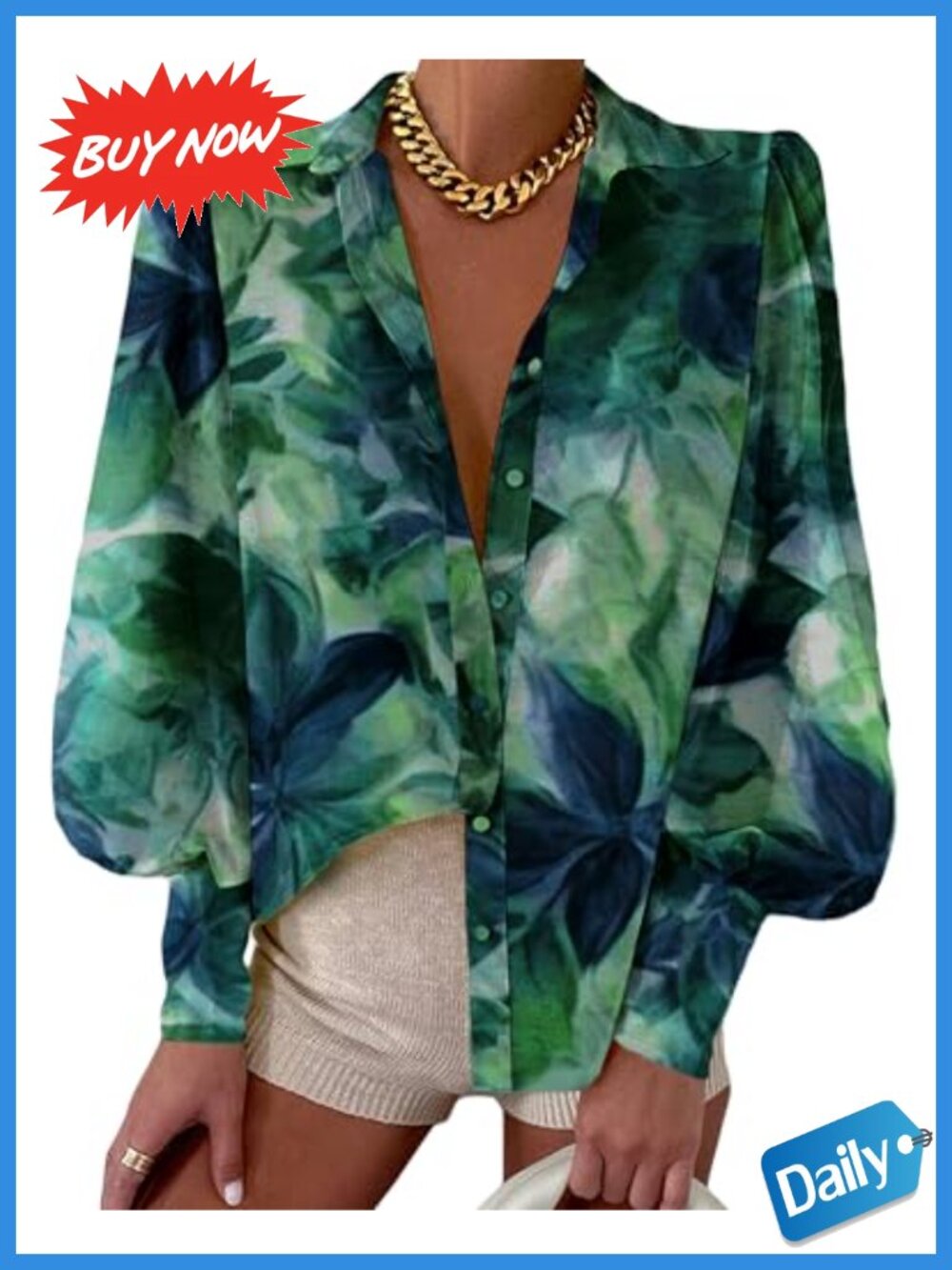 Women's Button Down Blouse Long Lantern Sleeve Lapel Collar Loose Fit